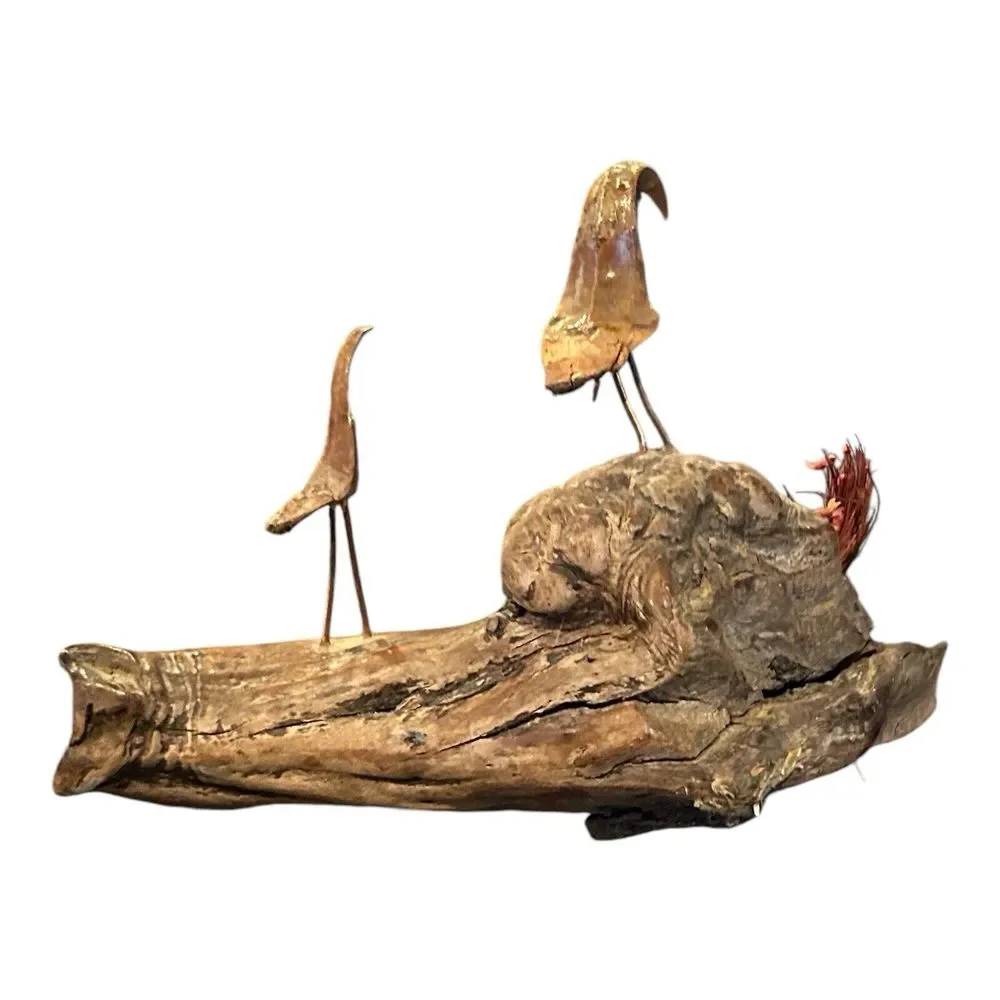 Vtg Burl Wood Driftwood Art Statue Pinecone Birds‎ Copper Wire Legs Decor